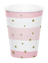 Gobelets en carton baby shower pour fête roses et blancs à pois dorés