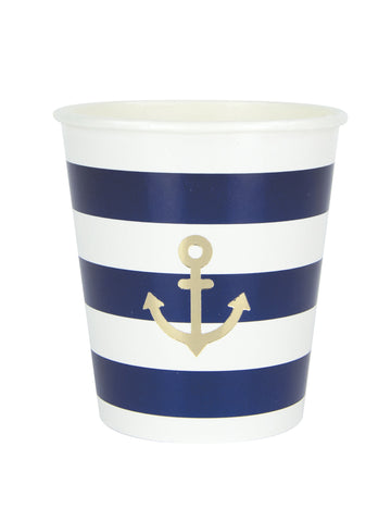 8 kartonskih čaša s nazubljenim uzorkom, 200 ml, s nautičkim prugama i zlatnim sidrom