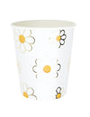 Gobelets en carton Marguerite blancs avec motifs de fleurs jaunes et dorées