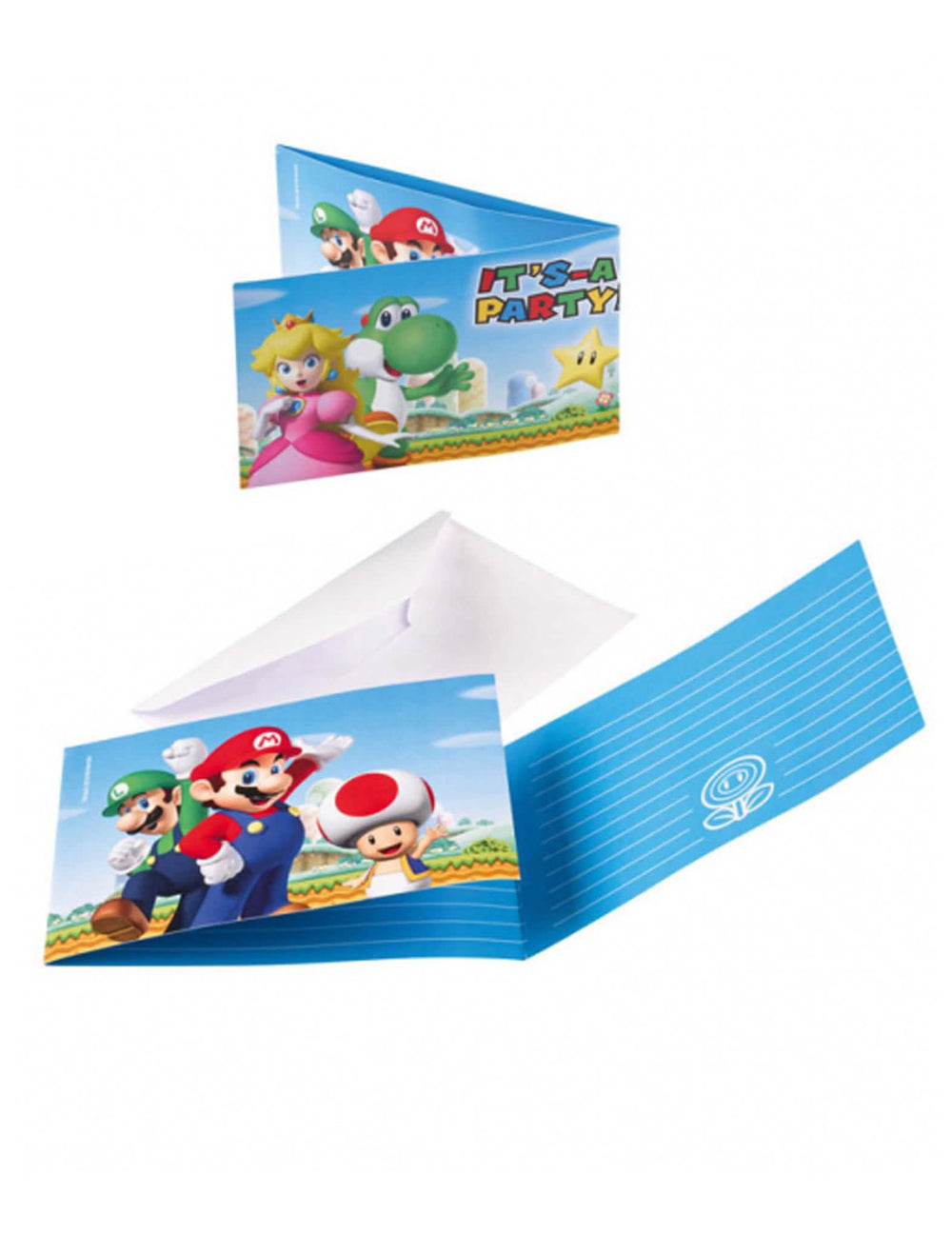 Pozivnice i omotnice Super Mario za dijete plave s likovima i bijele omotnice