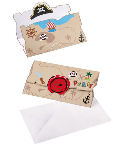 Invitations et enveloppes Pirate pour enfant marron avec carte au trésor