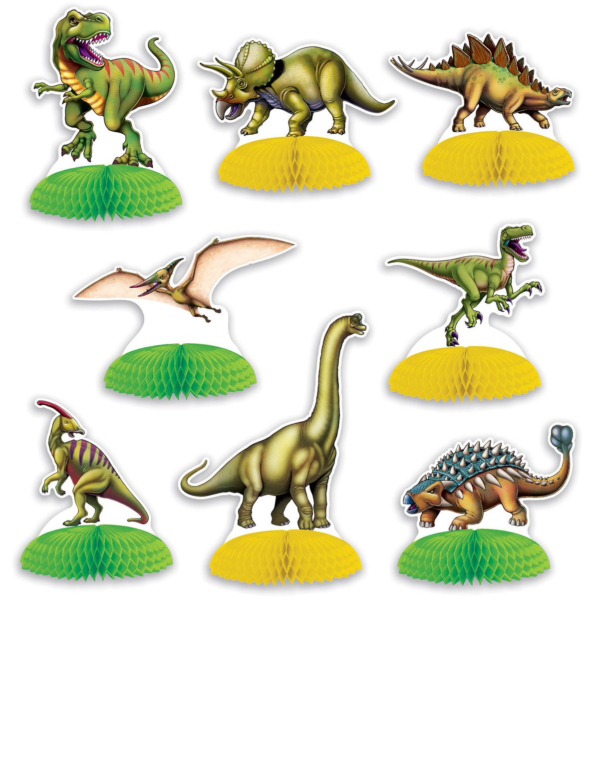 8 mini centres de table Dinosaures pour enfant verts et jaunes