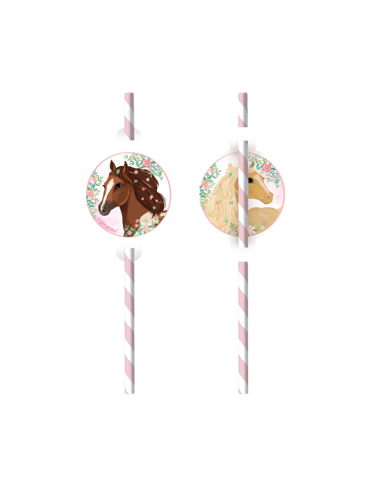 Pailles en carton avec médaillon joli cheval thème équestre pour enfant rose et blanc