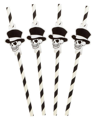 Pailles rayées squelette Halloween noir et blanc avec têtes de mort à chapeau haut-de-forme