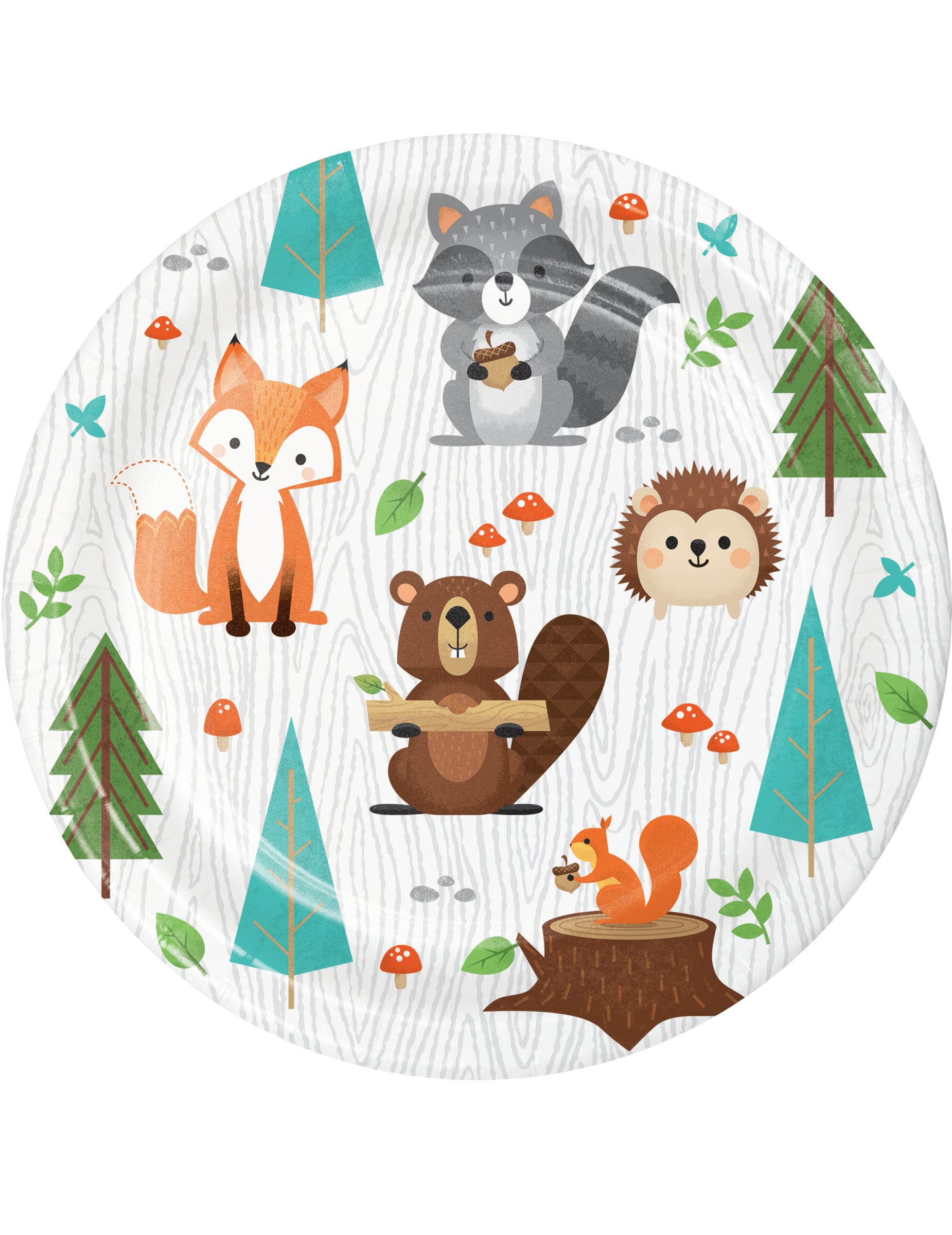 Petites assiettes en carton animaux de la forêt pour anniversaire multicolores avec renard et raton laveur
