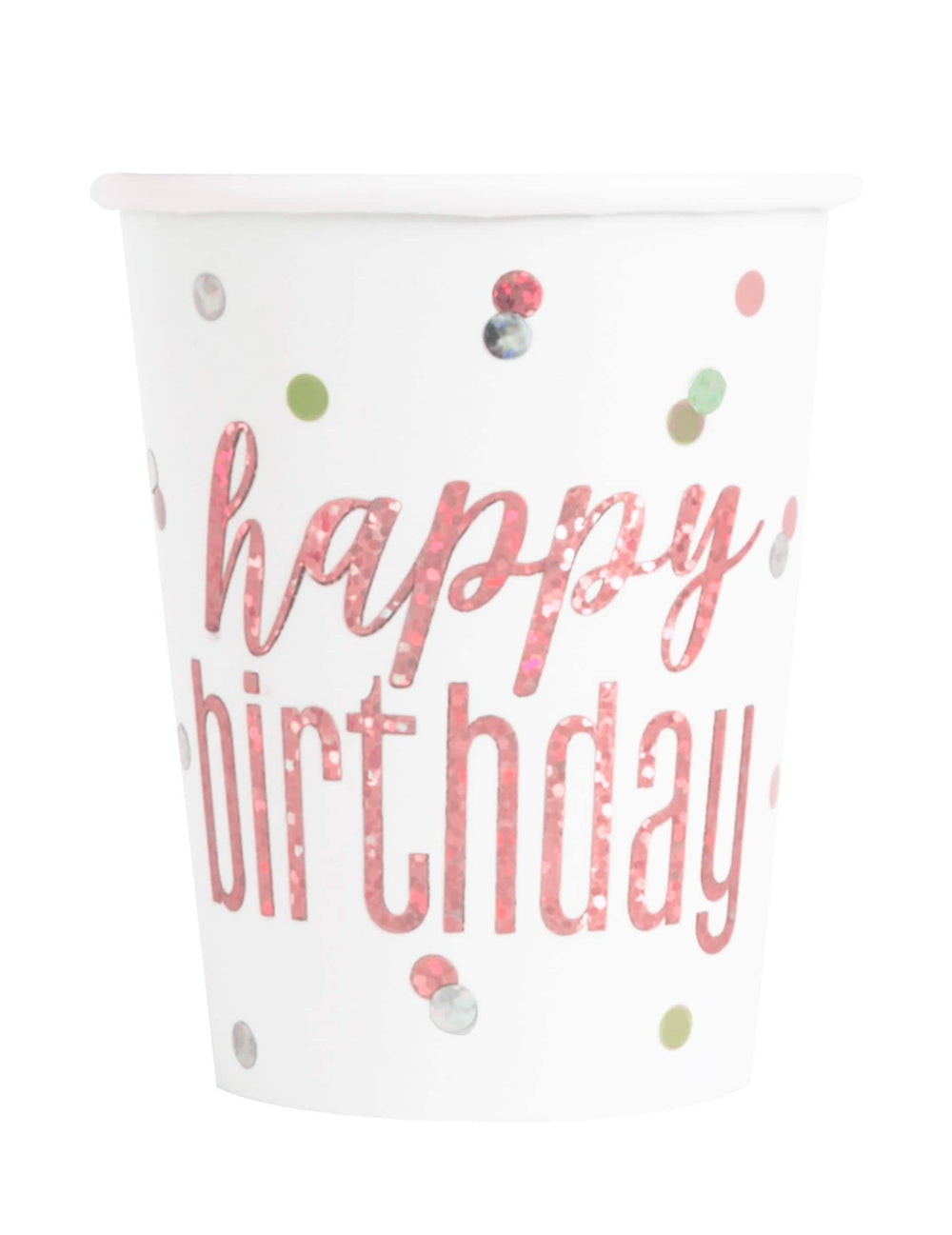 Kartonske čaše Happy Birthday za rođendan, bijele i ružičaste s točkicama i sjajem
