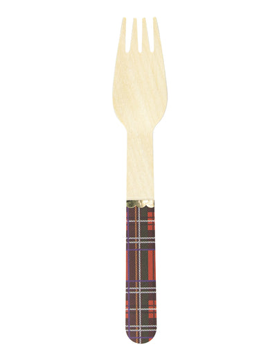 Fourchette en bois tartan de Noël jetable motif écossais rouge et vert