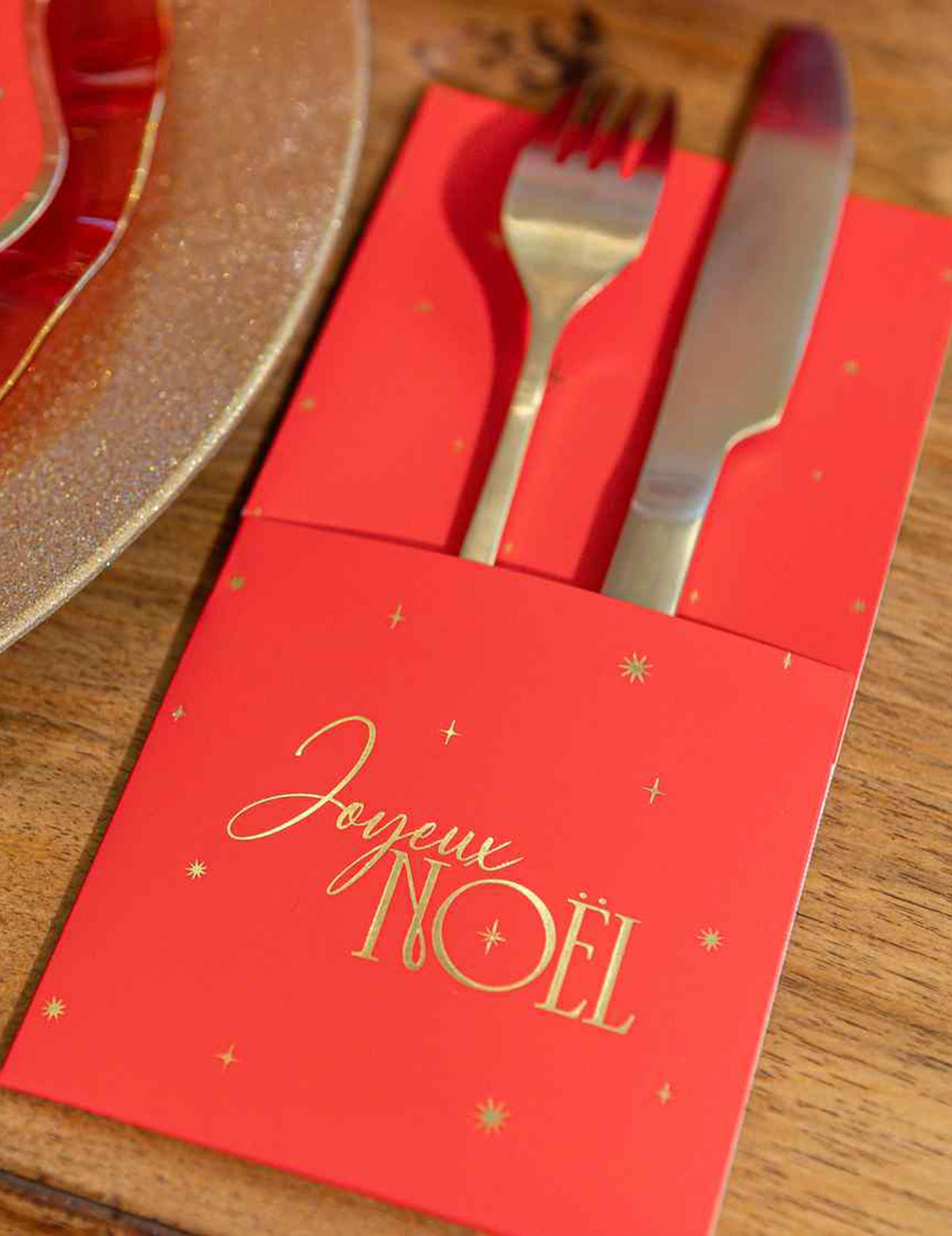 8 porte-couverts Joyeux Noël L'Intemporel rouge et or 10 x 20 cm