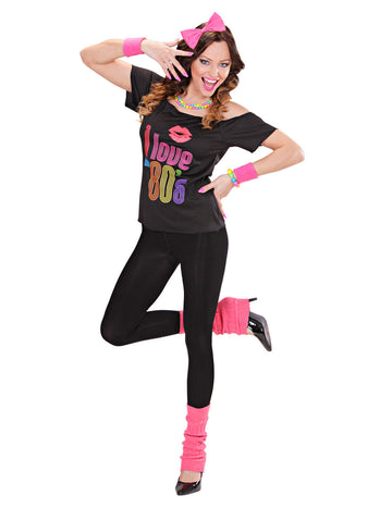 Kostim I love 80's za odrasle u crnoj i fluorescentno ružičastoj boji s majicom i tajicama