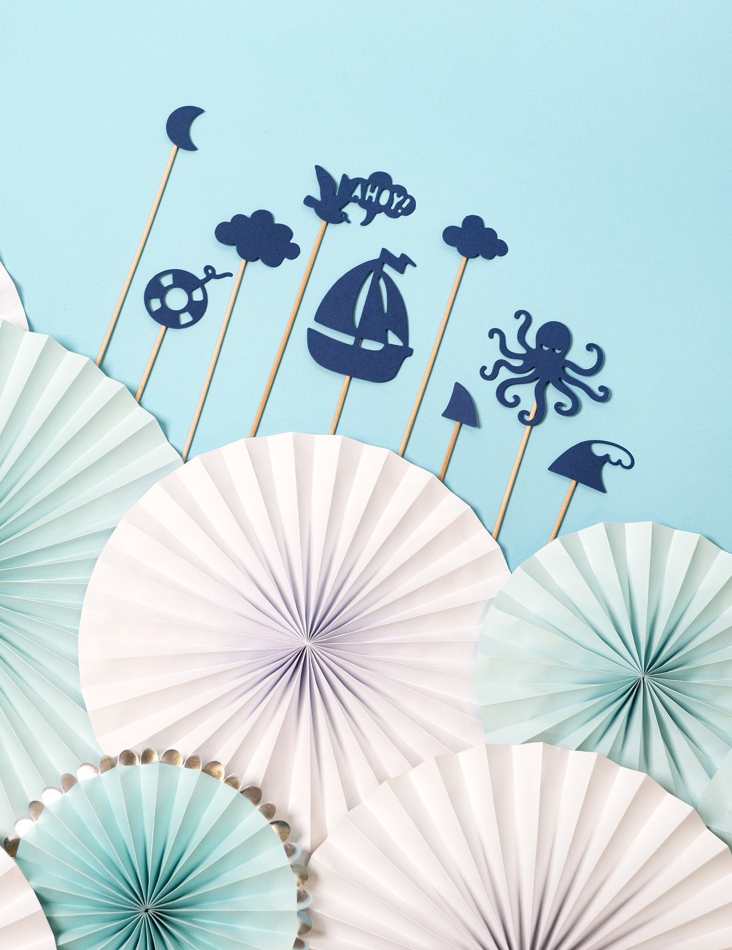 9 tamnoplavih ukrasa za torte na štapićima, 9,5 do 22,5 cm cm morski motivi