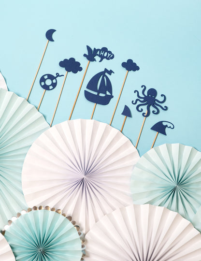 9 tamnoplavih ukrasa za torte na štapićima, 9,5 do 22,5 cm cm morski motivi