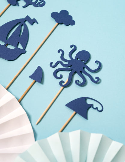 9 tamnoplavih ukrasa za torte na štapićima, 9,5 do 22,5 cm cm morski motivi
