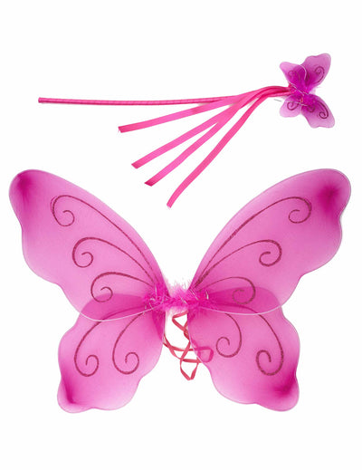 Ailes et baguette magique papillon pour enfant roses à paillettes