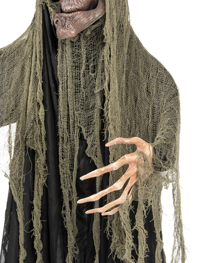 Détail de la main griffue et du visage de l'arbre hanté articulé lumineux et sonore Halloween