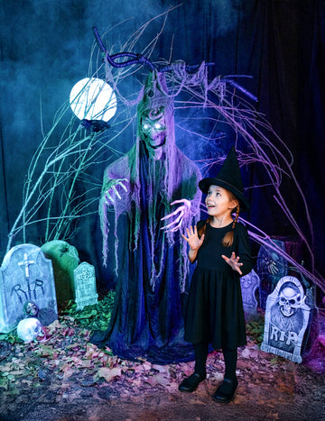 Arbre hanté articulé lumineux et sonore Halloween pour décoration gris et violet avec yeux lumineux