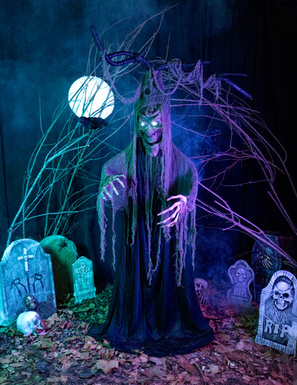 Arbre hanté articulé lumineux et sonore Halloween pour décoration noir et gris avec yeux lumineux