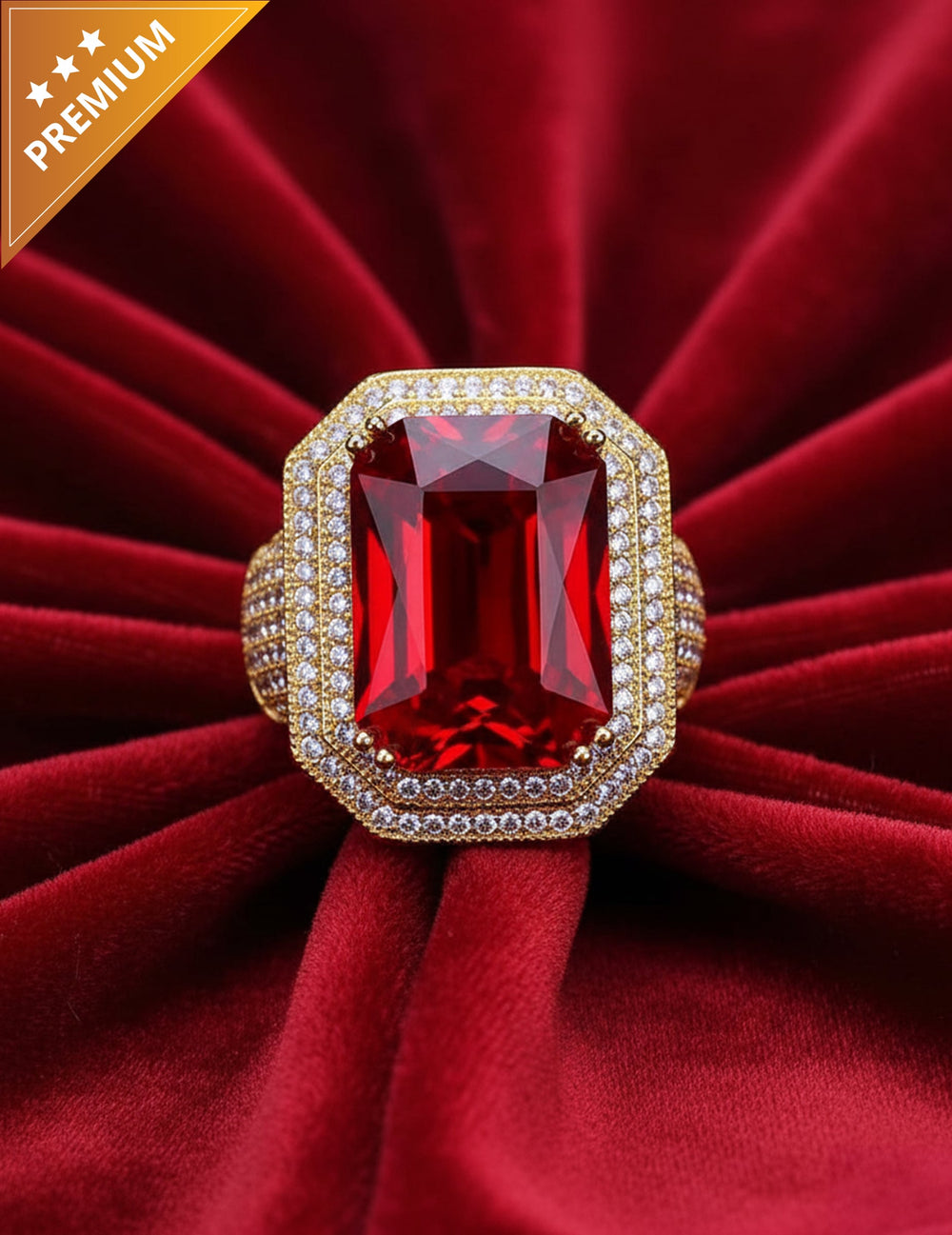 Bague de Saint-Nicolas luxe pour adulte dorée avec pierre rouge et strass