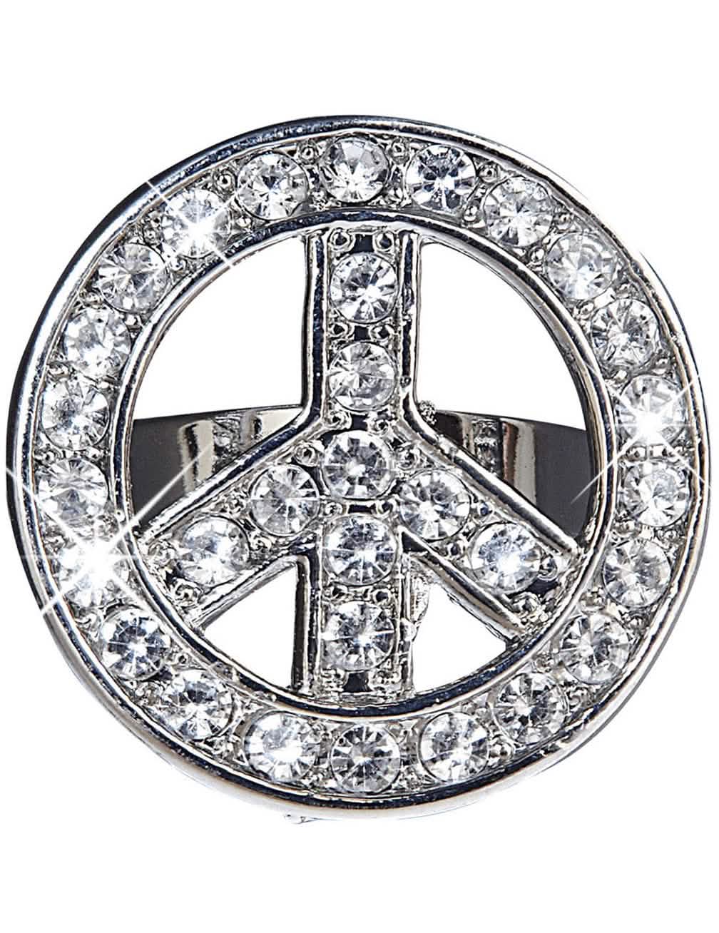 Hippy prsten za odrasli srebrni sa štrasom u obliku peace and love