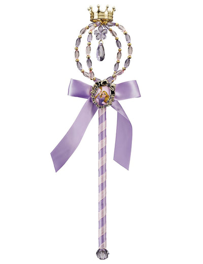Baguette magique Raiponce pour enfant violette avec couronne dorée et ruban satiné