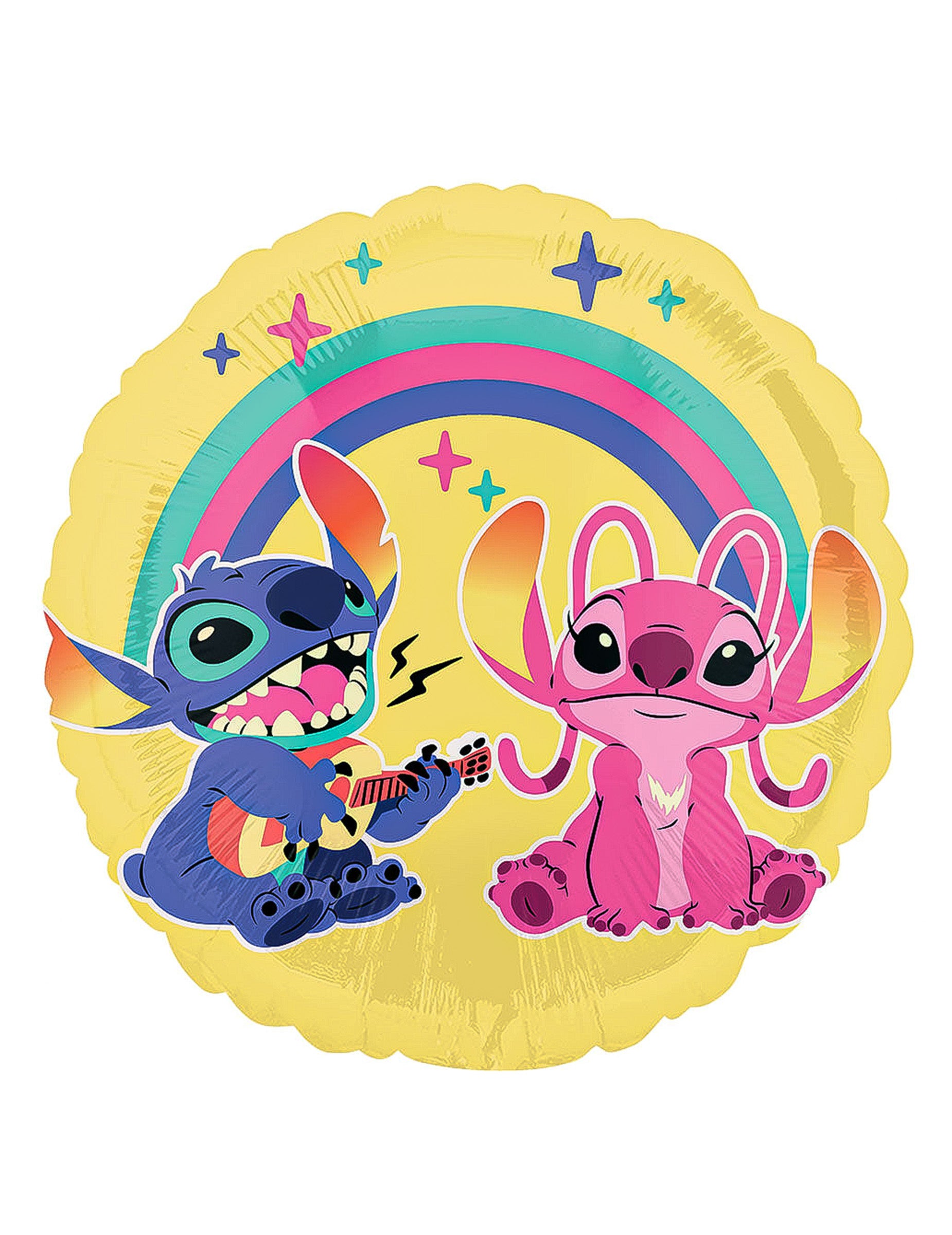 Ballon aluminium Angel & Stitch jaune avec arc-en-ciel et guitare