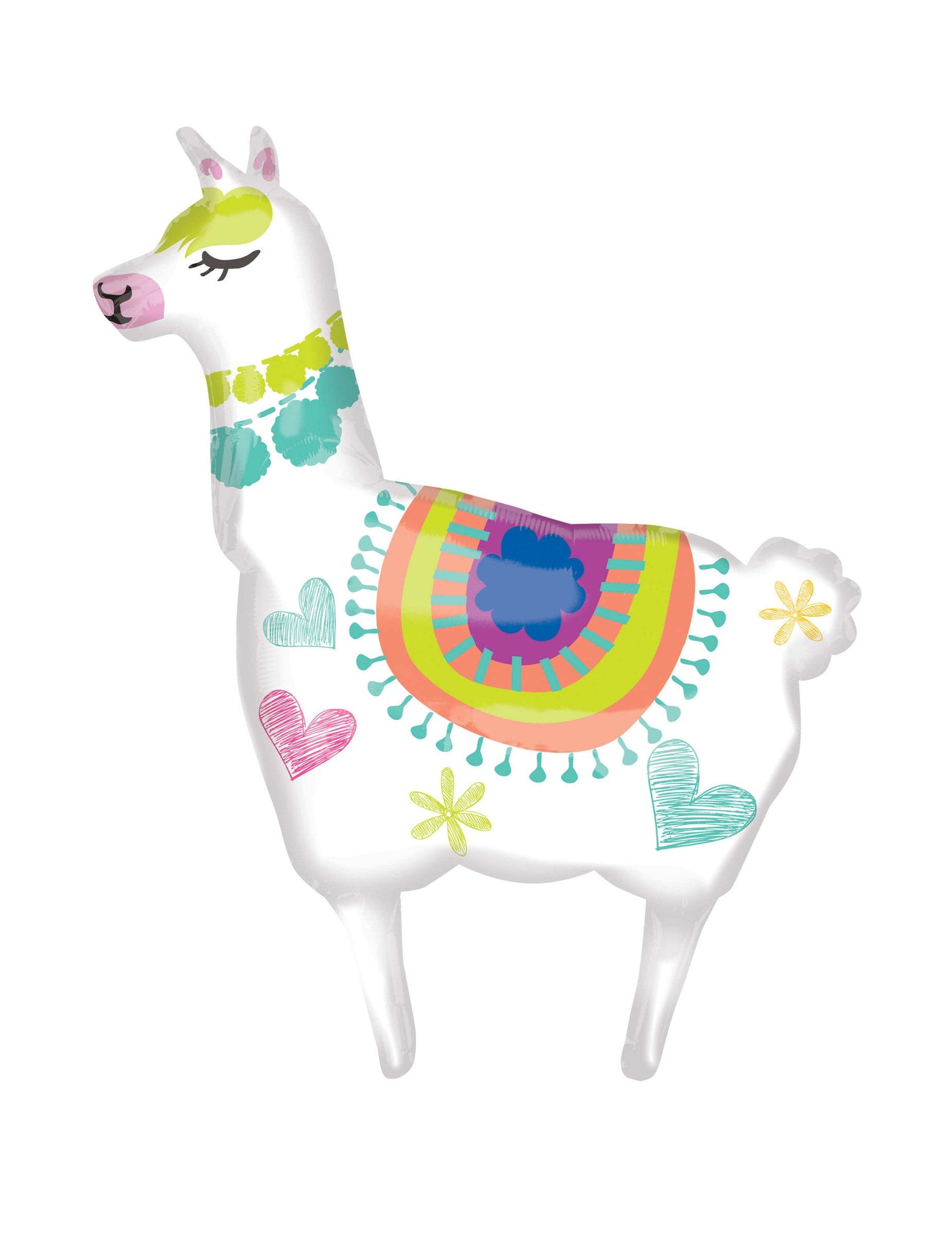 Ballon aluminium Lama pour fête blanc holographique avec motifs colorés