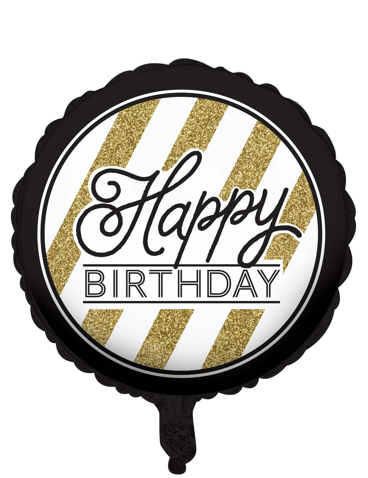 aluminijski balon Happy Birthday za rođendan crna i zlatna s prugama i svjetlucavim sjajem