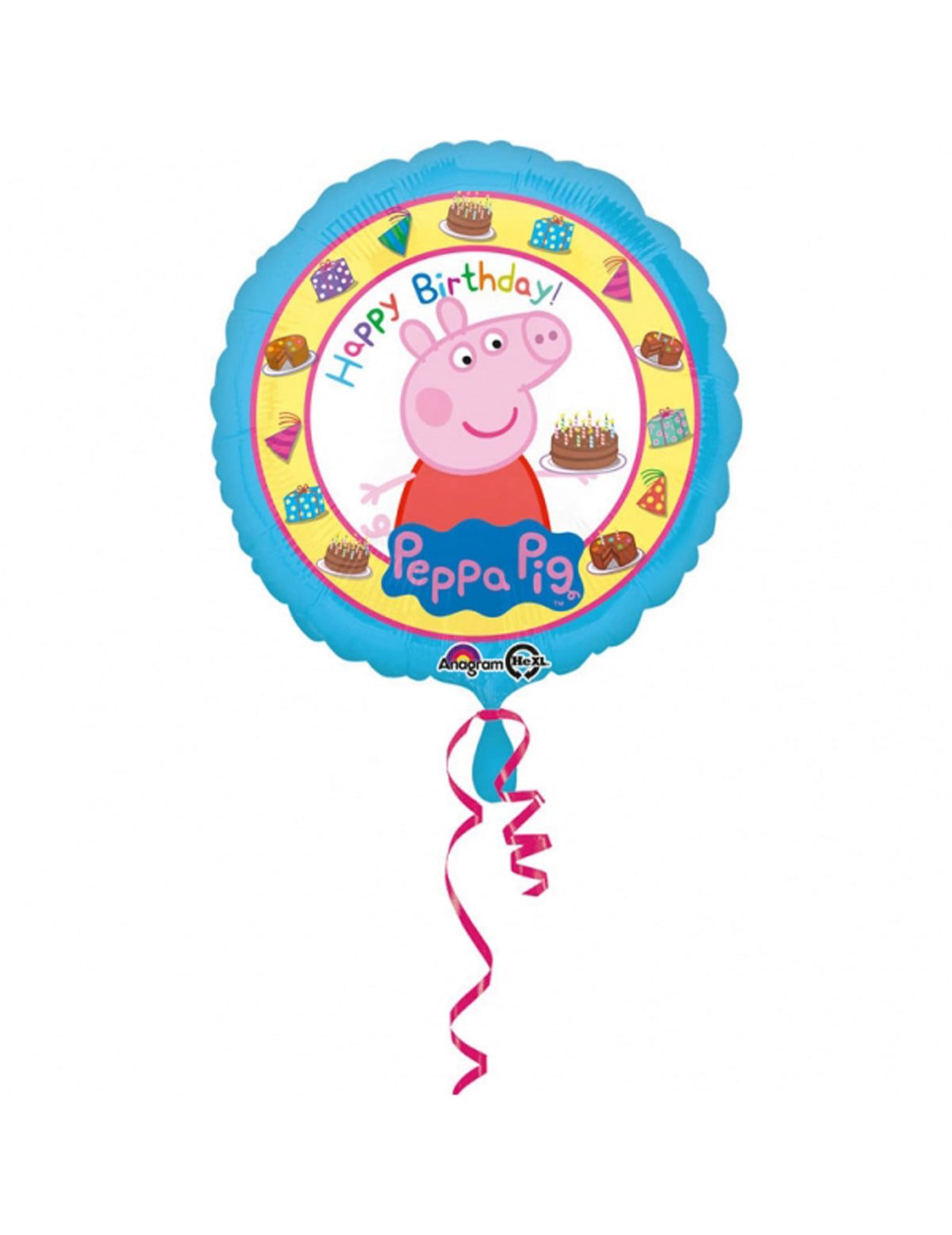 Ballon aluminium Happy Birthday Peppa Pig pour enfant bleu avec gâteau d'anniversaire