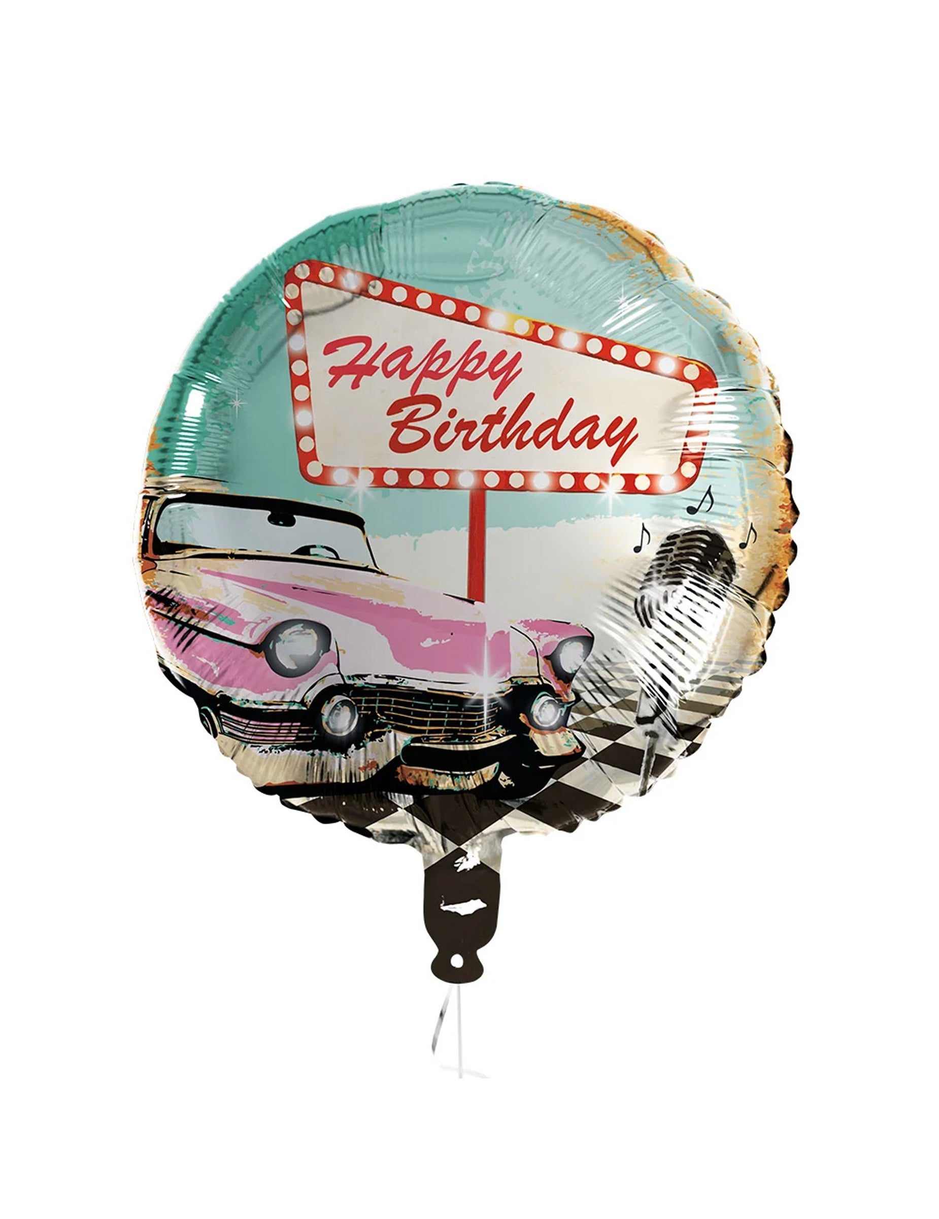 Ballon aluminium Happy Birthday Rock'n'roll pour anniversaire bleu avec voiture vintage et microphone