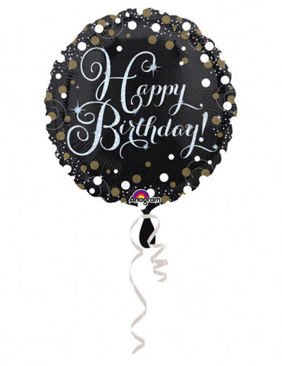 Ballon aluminium Happy Birthday scintillant pour anniversaire noir et or