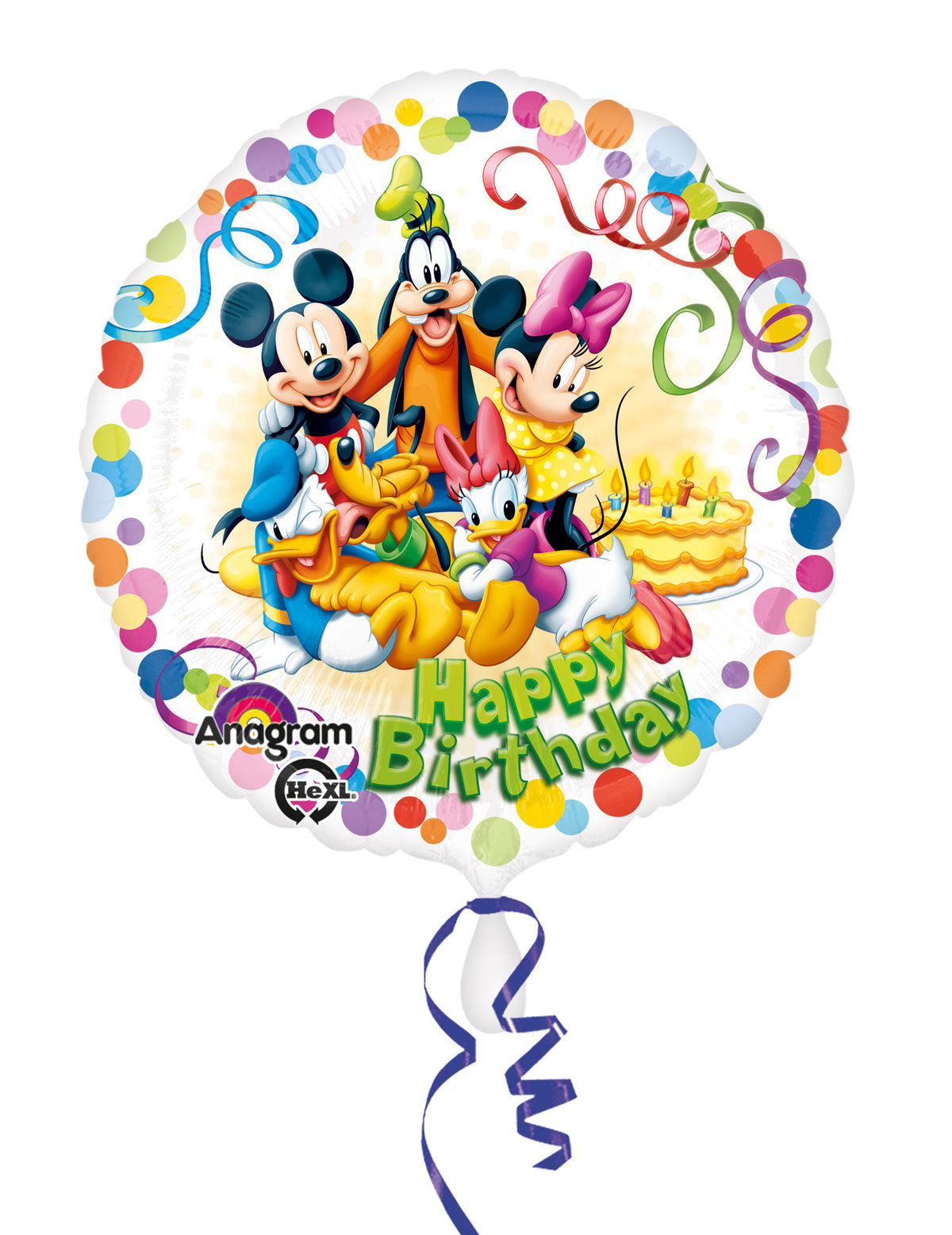 Ballon aluminium Mickey et ses amis pour anniversaire multicolore avec confettis et gâteau