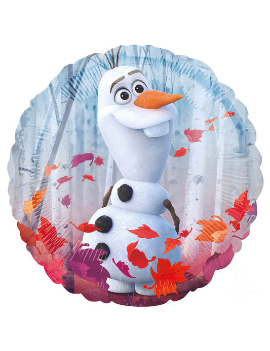 Illustration d'Olaf avec des feuilles d'automne du ballon aluminium rond La Reine des Neiges 2