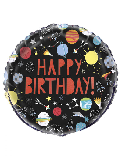 Ballon en aluminium happy birthday univers pour anniversaire noir avec planètes et fusées
