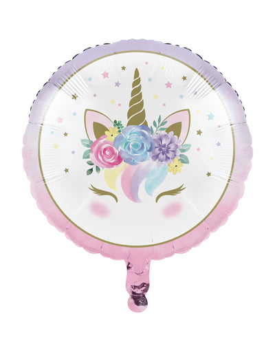 Ballon en aluminium licorne féerique pour enfant blanc avec fleurs pastel et corne dorée