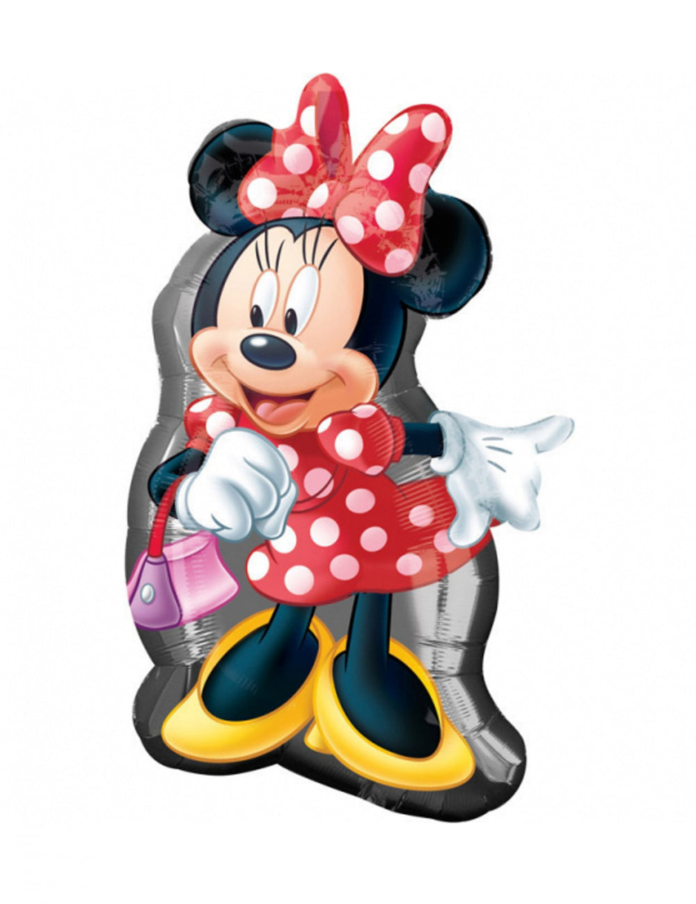 Ballon aluminium Minnie rouge à pois blancs avec nœud et sac à main rose