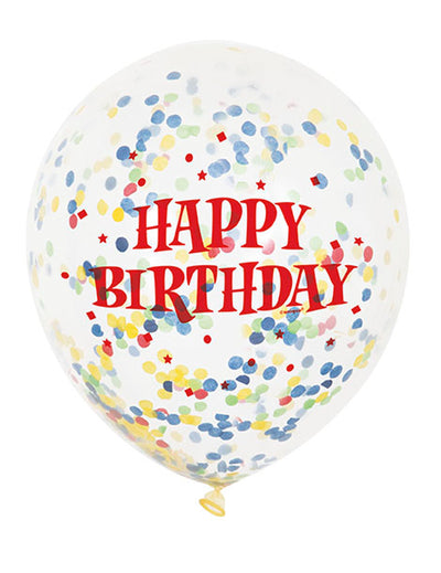 Ballons en latex Happy Birthday pour fête transparent avec confettis multicolores et texte rouge