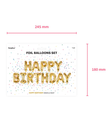 Dimensions du packaging des ballons aluminium lettres Happy Birthday pour anniversaire doré en guirlande