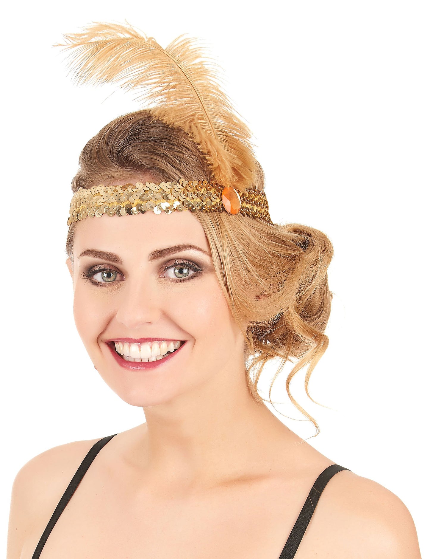 Charleston transparent sa šljokicama i pozlaćenim ženskim perjem