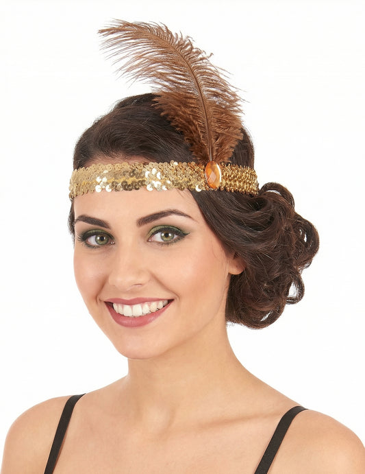 Bandeau Charleston à sequins et plume pour femme doré