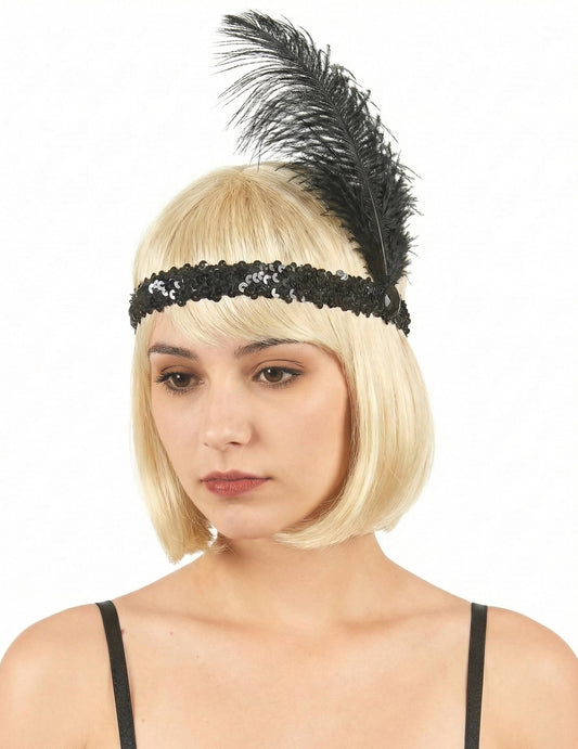 Bandeau Charleston pour femme noir à sequins et plume
