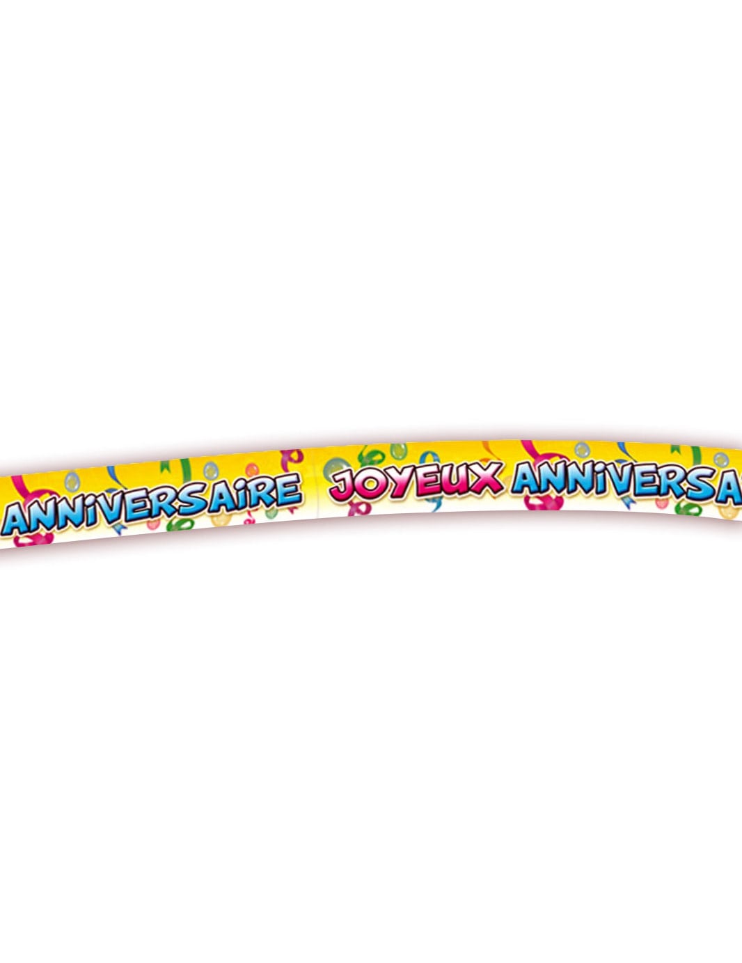 Banderole Joyeux Anniversaire pour fête jaune avec lettrage et serpentins multicolores