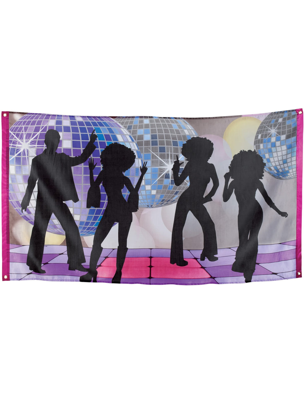 Bannière disco pour fête avec silhouettes de danseurs et boules à facettes violette et rose