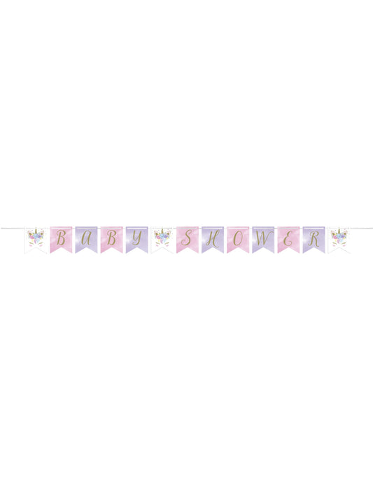 Vue d'ensemble de la bannière à fanions licorne féerique pour baby shower