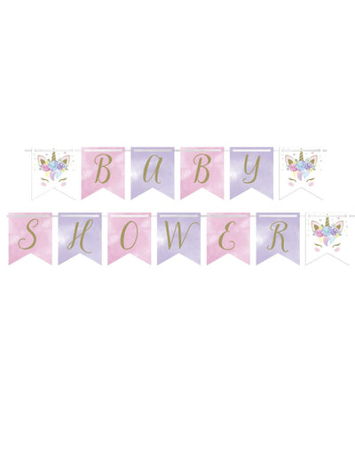 Bannière à fanions licorne féerique pour baby shower rose et violet pastel