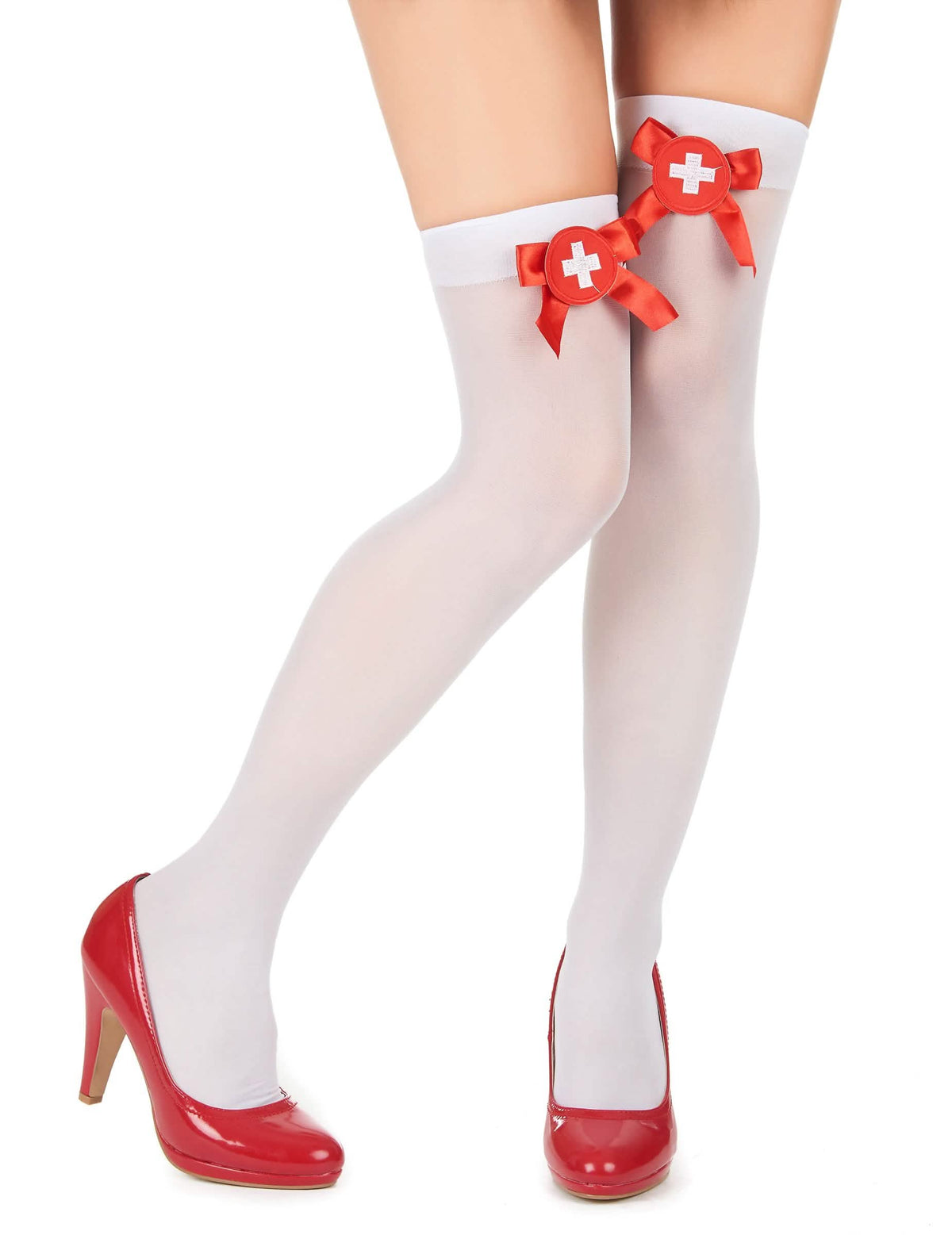 Bas d'infirmière pour femme blancs avec nœuds rouges et croix blanches