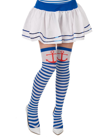 Bas rayés marin pour femme bleus et blancs avec ancre rouge