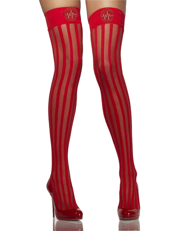 Bas infirmière pour femme rouges avec rayures et motif électrocardiogramme