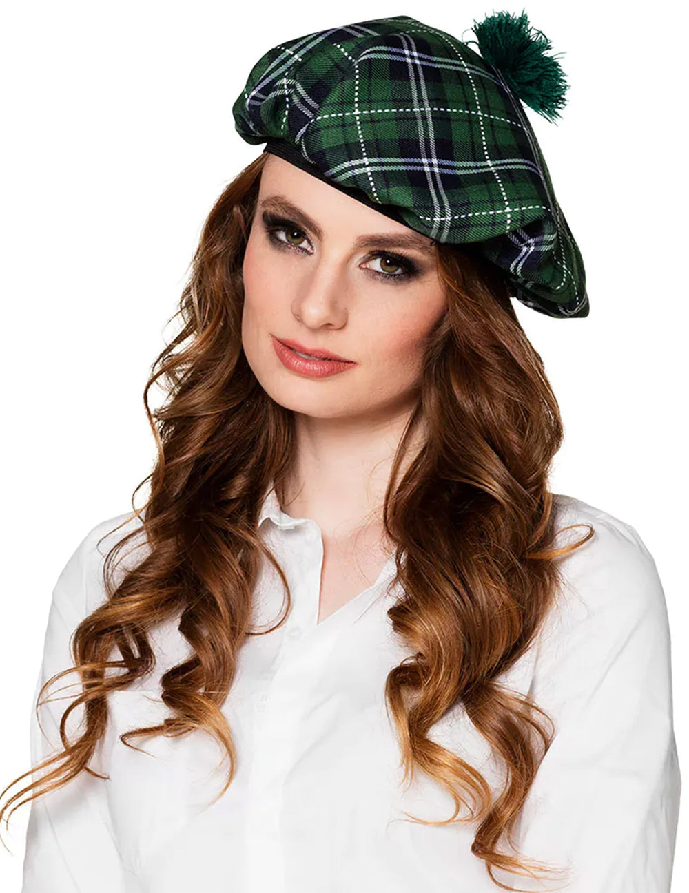Béret écossais pour adulte vert à carreaux avec pompon