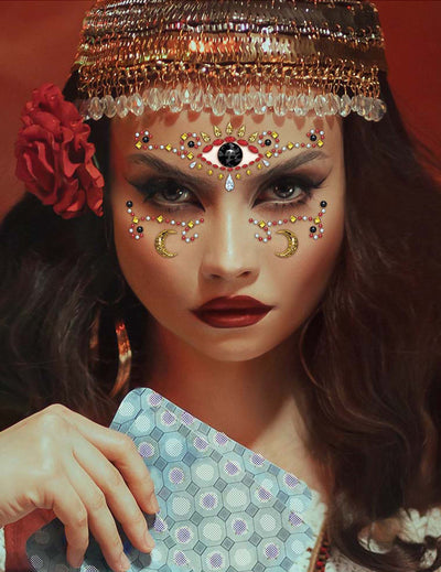 Bijoux pour visage adhésifs voyante pour femme avec motifs œil et lunes dorées