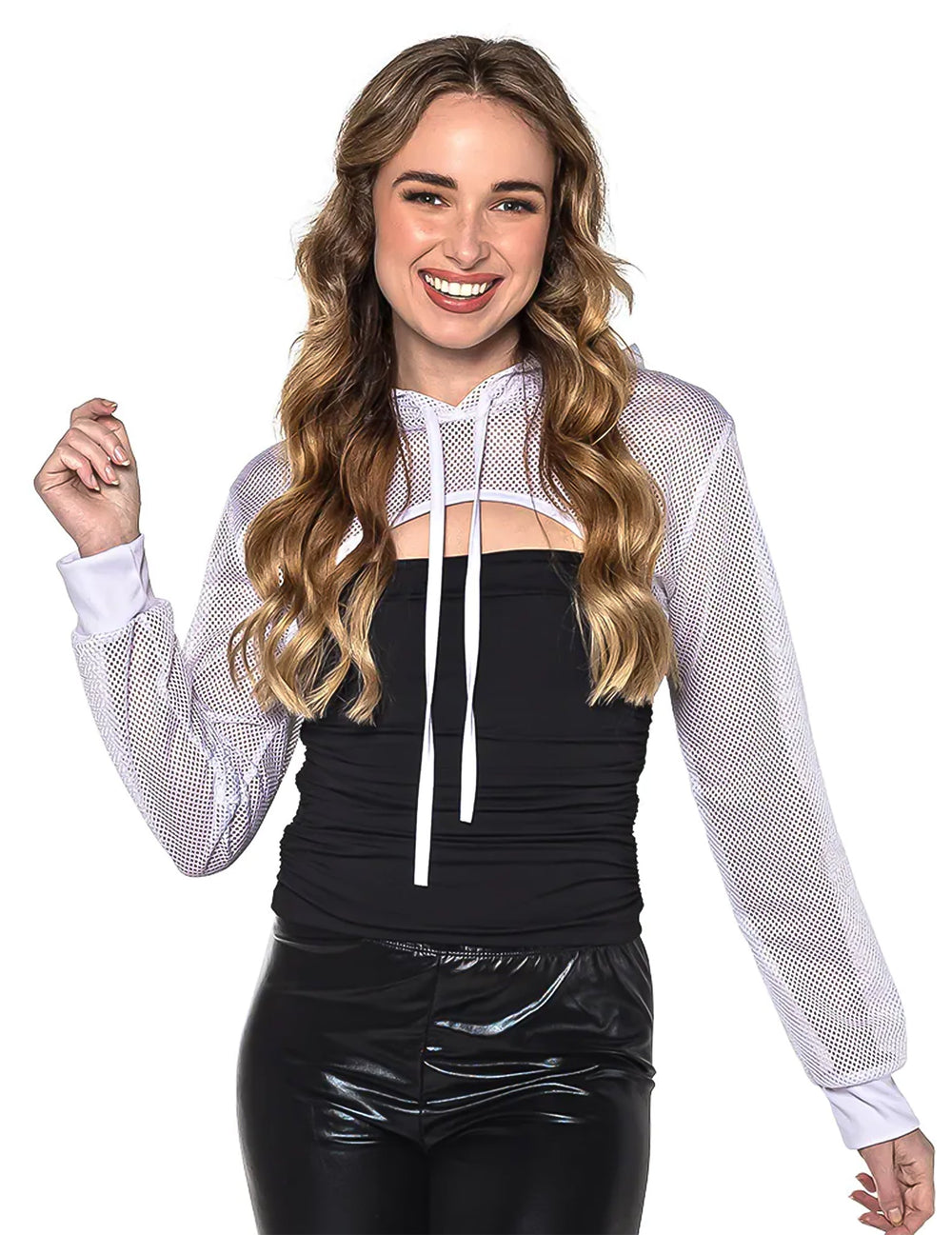 Boléro en résille pour femme blanche avec capuche
