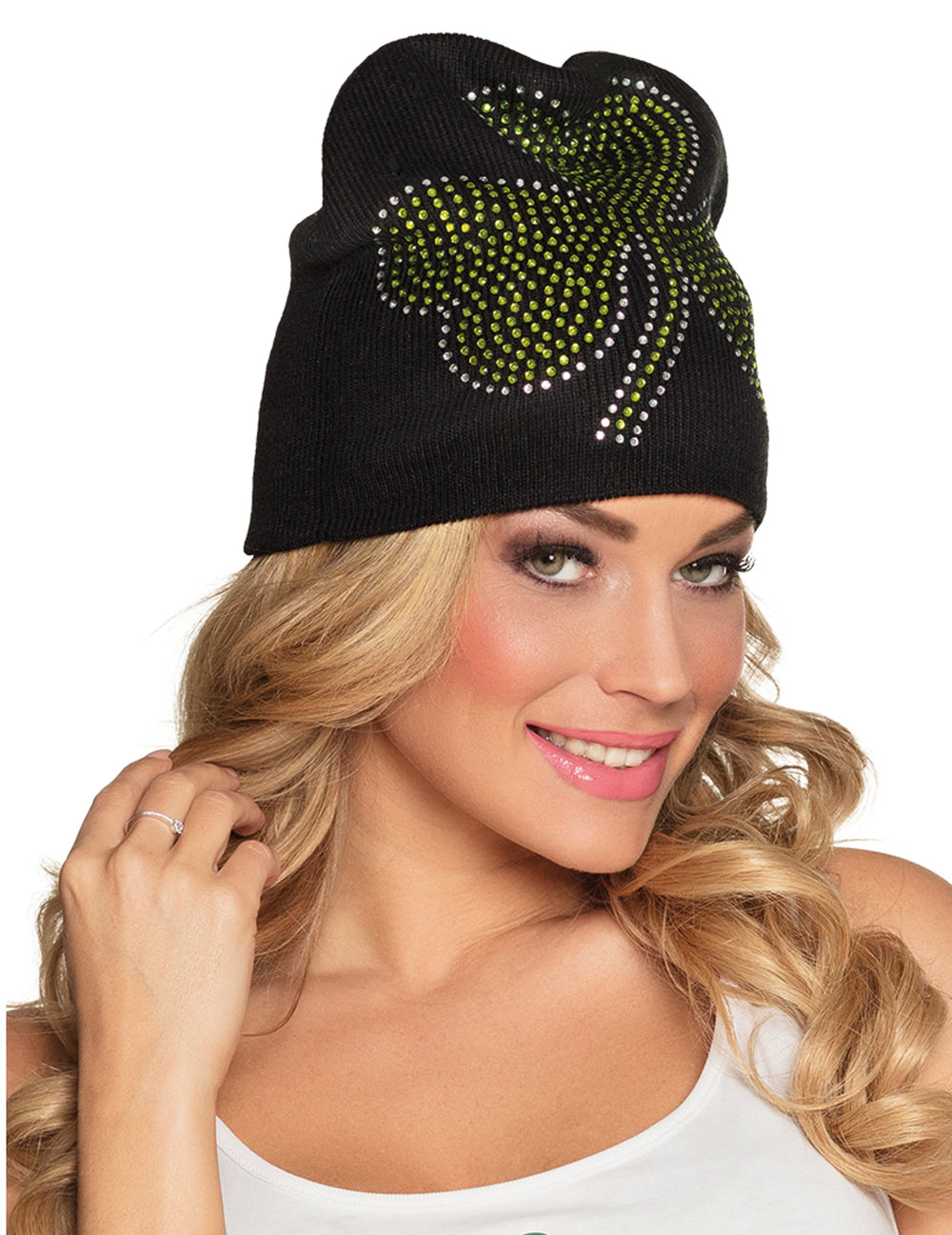 Bonnet trèfle brillant Saint Patrick pour adulte noir avec motif trèfle en strass verts